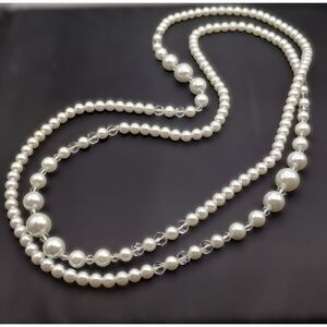 Vintage Glass Faux Pearls with Clear Crystal Spacers Graduated Strand Necklace